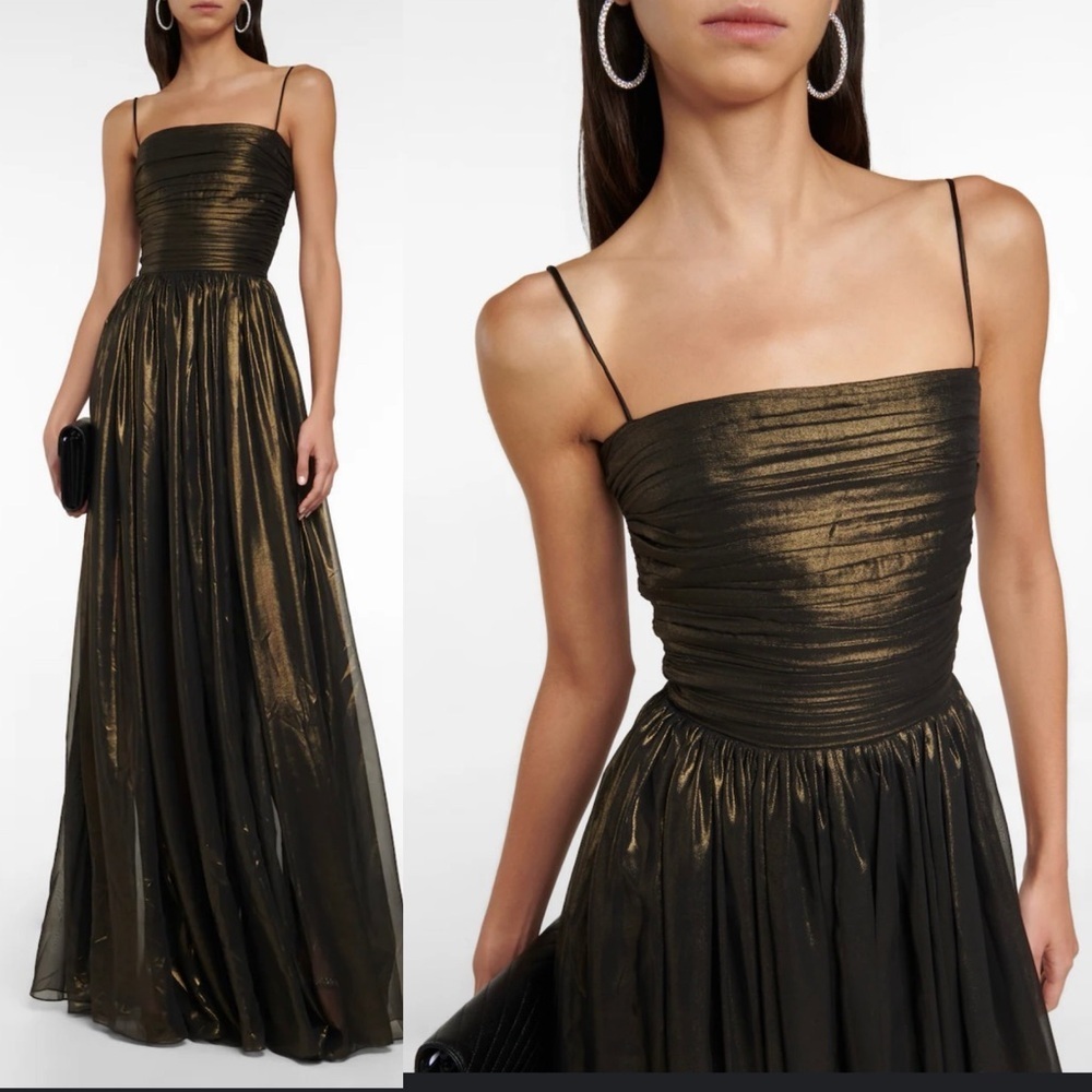 NWOT Rosario Gathered Corset Chiffon Midi Dress Black Gold  Size 10/ Large